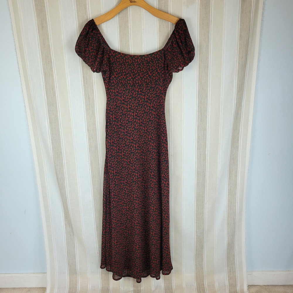 Isalis Puffed Sleeve Ditsy Floral Maxi Dress Size Large Sweetheart Neckline Red - Picture 11 of 11